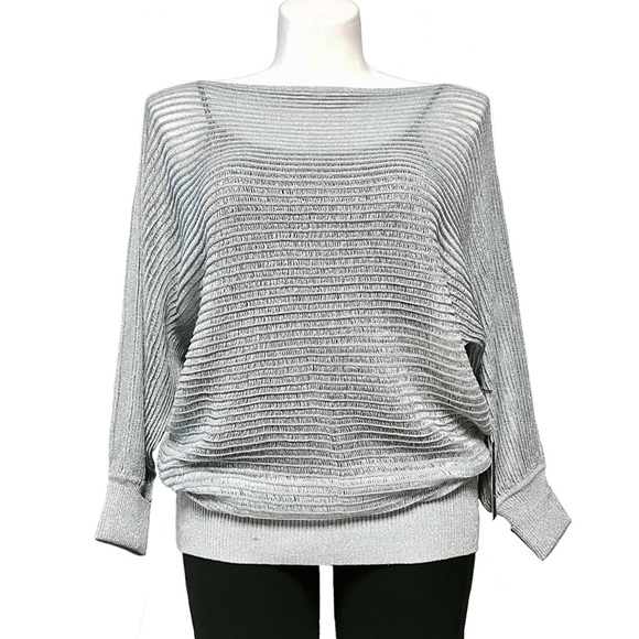 BCBG Max Azria Metallic Sweater Womens M Silver Party Dolman Sheer Retro Disco - Picture 2 of 16